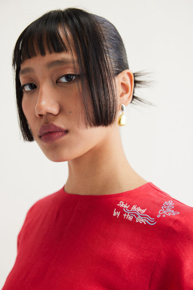 Slow Living Linen Peplum Top by SUI in red color for women Worldwide
