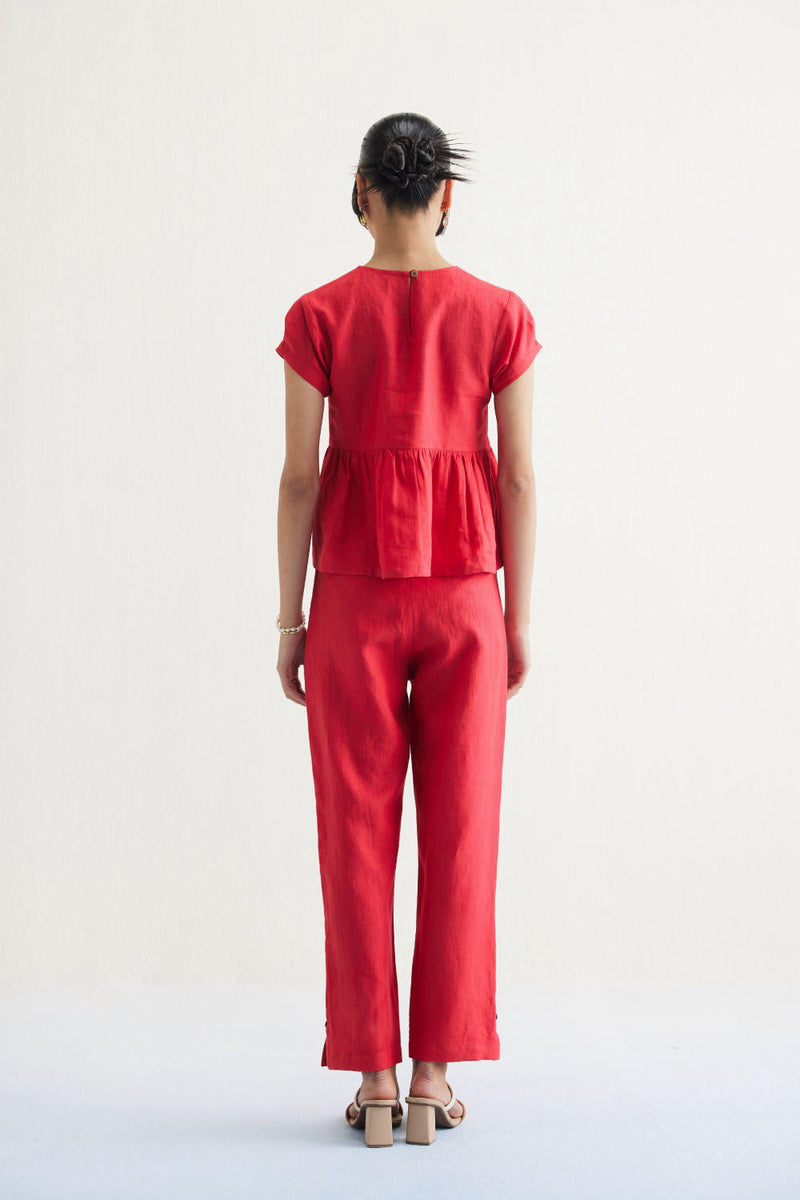 Slow Living Linen Peplum Top by SUI in red color for women Worldwide