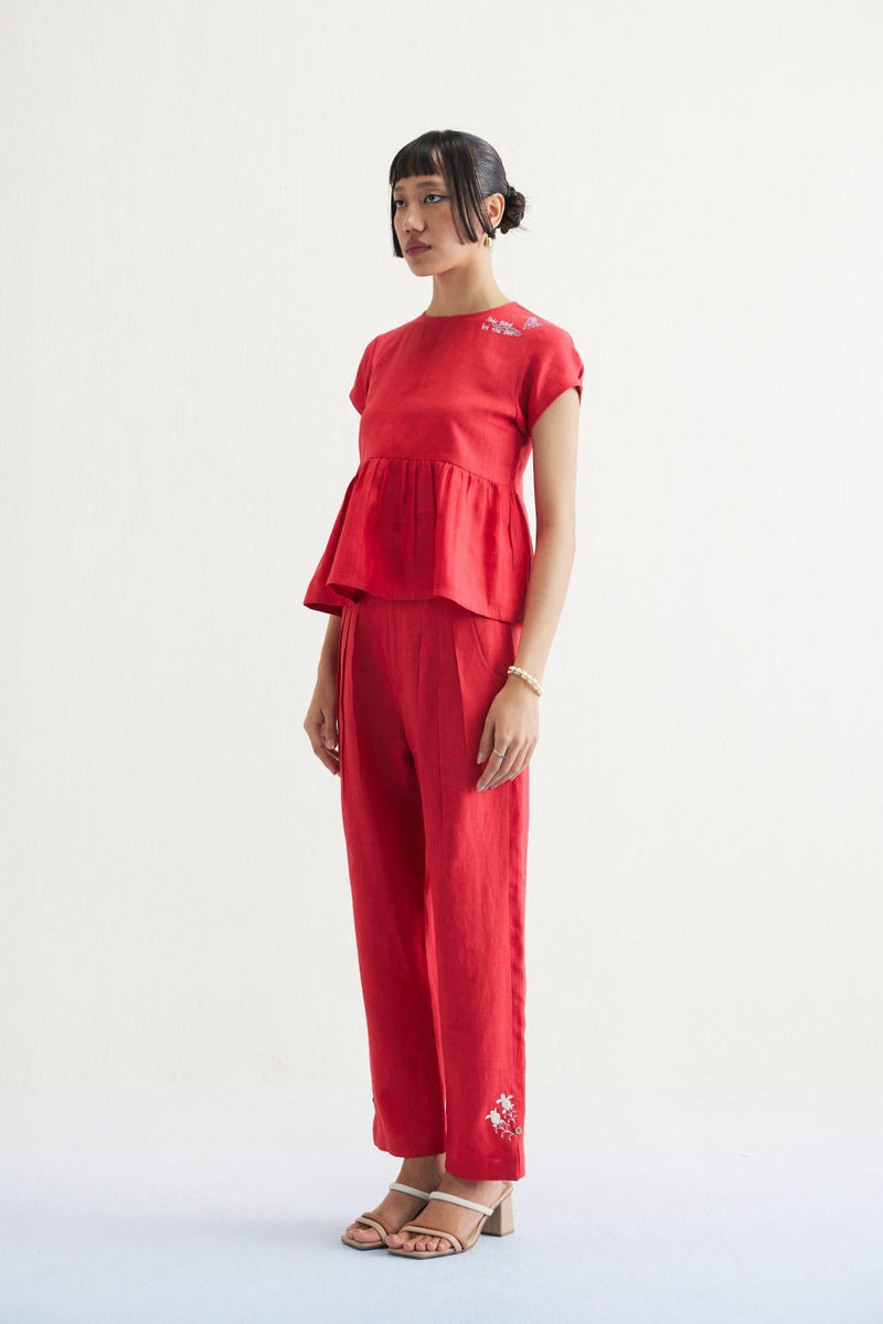 Slow Living Linen Peplum Top by SUI in red color for women Worldwide