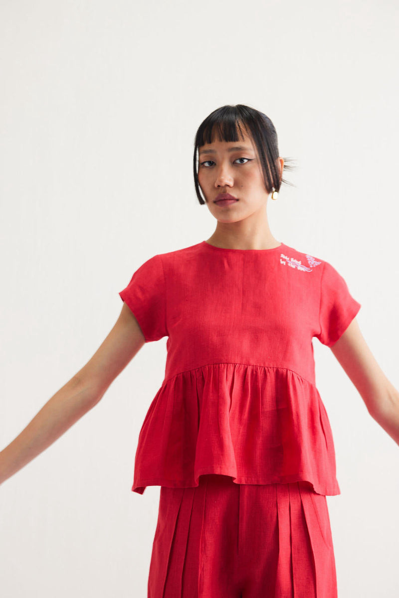 Slow Living Linen Peplum Top by SUI in red color for women Worldwide