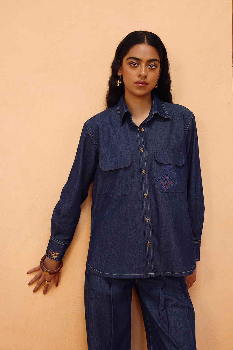 Slow Roots Sustainable Denim Shirt denim top/shirt by SUI in blue for women Worldwide
