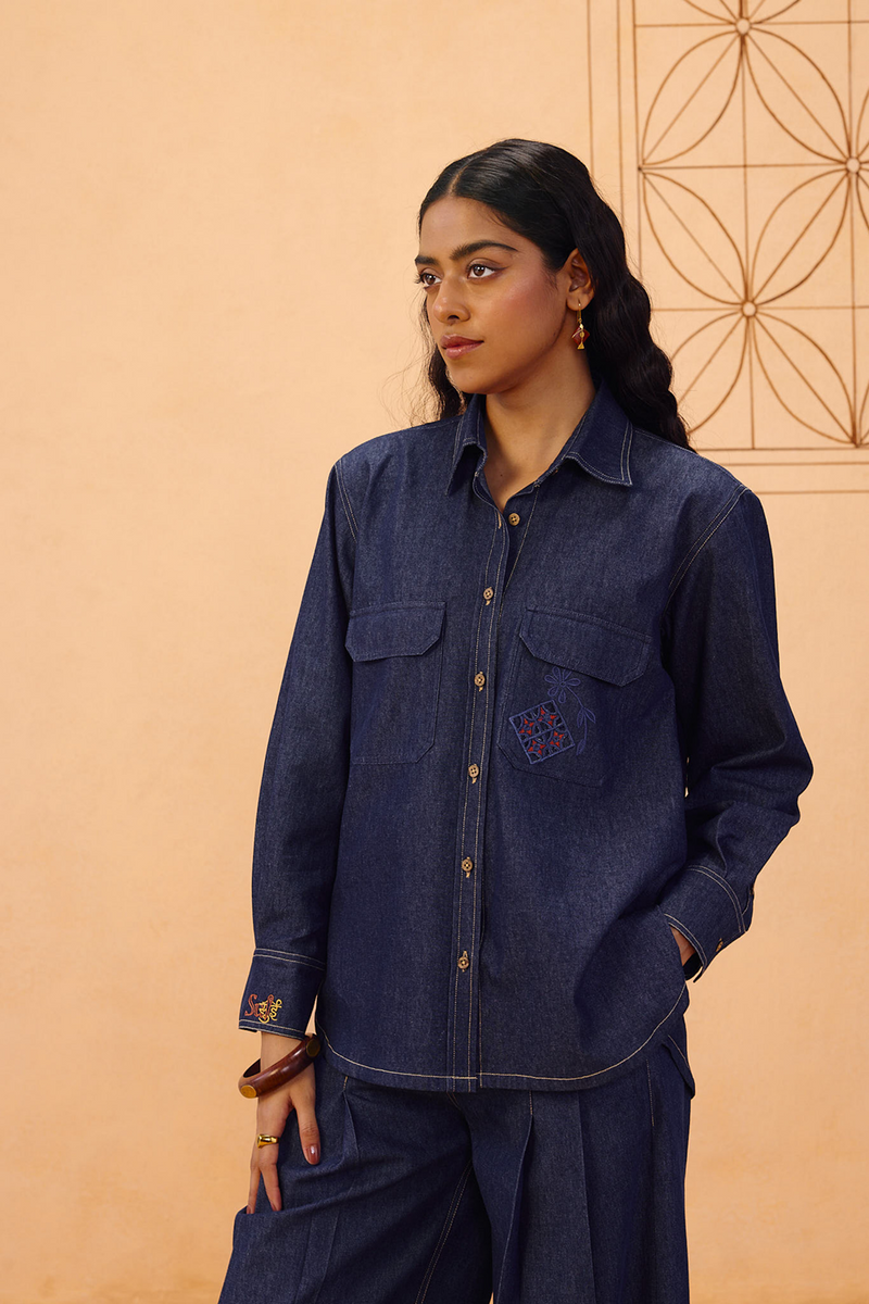 Slow Roots Sustainable Denim Shirt denim top/shirt by SUI in blue for women Worldwide