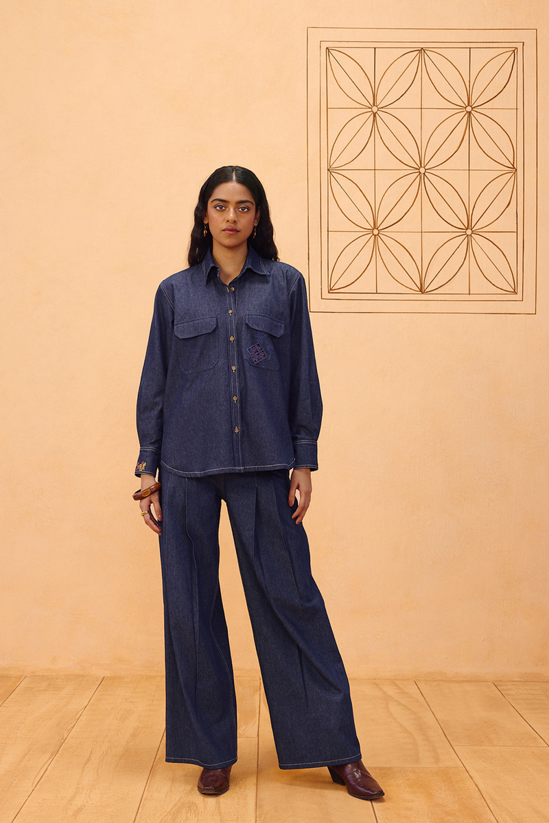 Slow Roots Sustainable Denim Shirt denim top/shirt by SUI in blue for women Worldwide