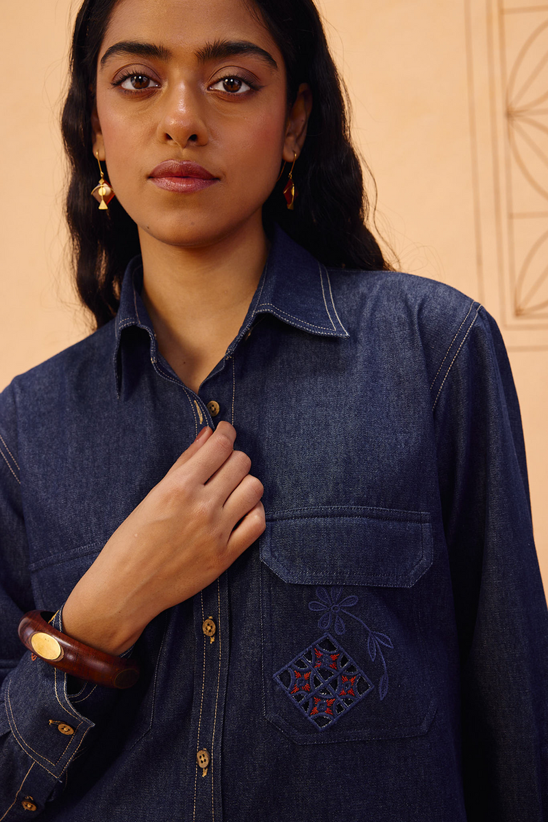 Slow Roots Sustainable Denim Shirt denim top/shirt by SUI in blue for women Worldwide