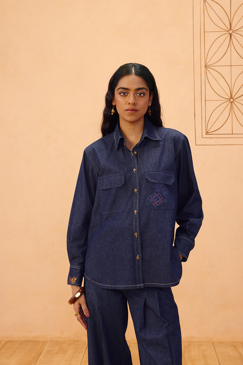 Slow Roots Sustainable Denim Shirt denim top/shirt by SUI in blue for women Worldwide