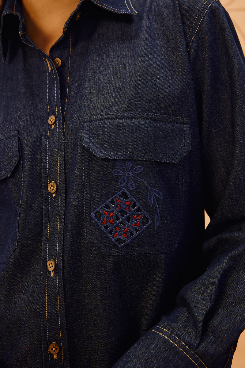 Slow Roots Sustainable Denim Shirt denim top/shirt by SUI in blue for women Worldwide