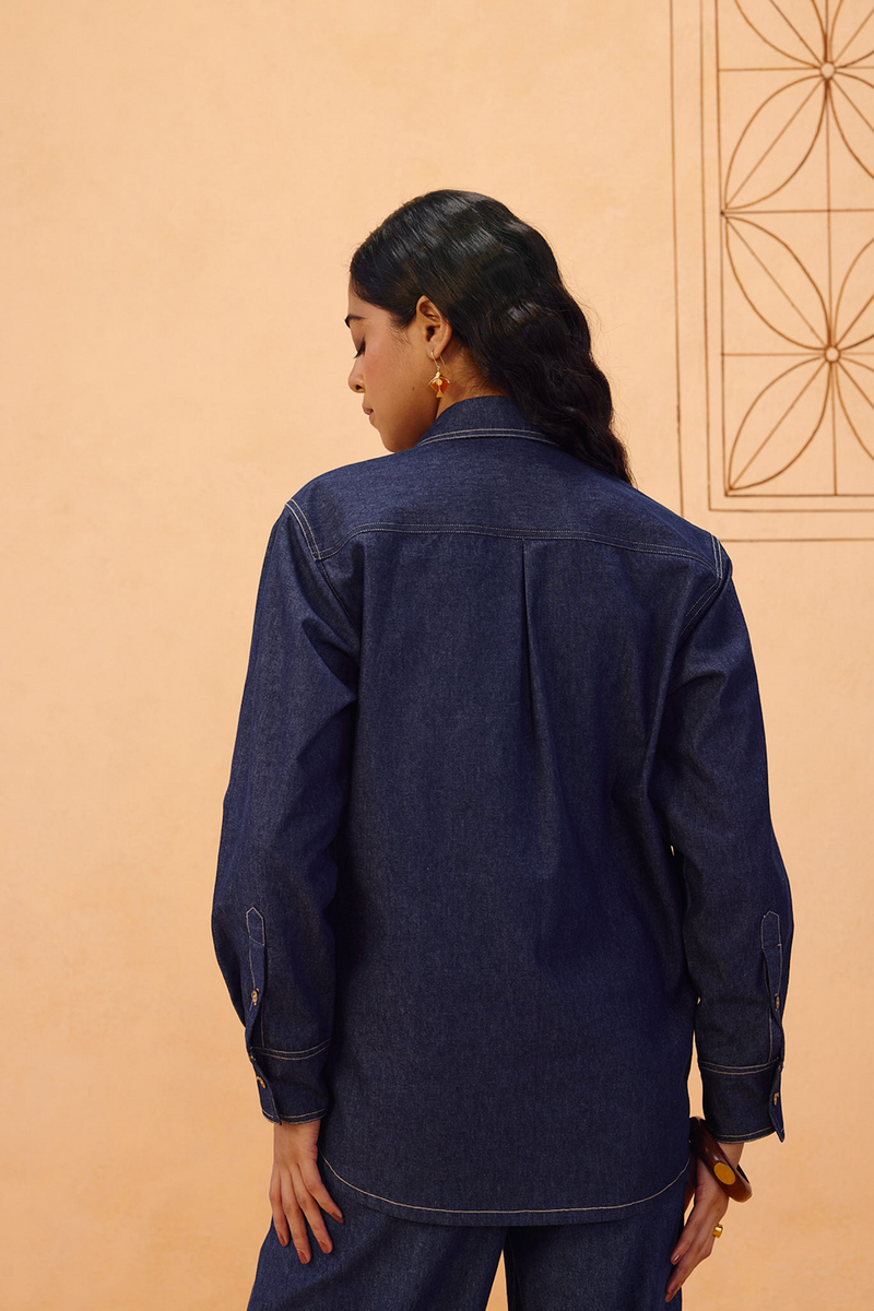 Slow Roots Sustainable Denim Shirt denim top/shirt by SUI in blue for women Worldwide