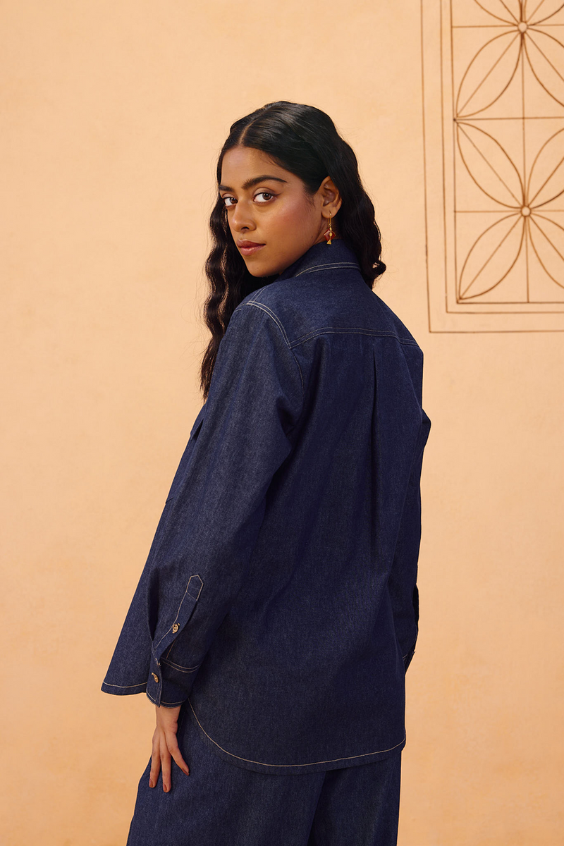 Slow Roots Sustainable Denim Shirt denim top/shirt by SUI in blue for women Worldwide
