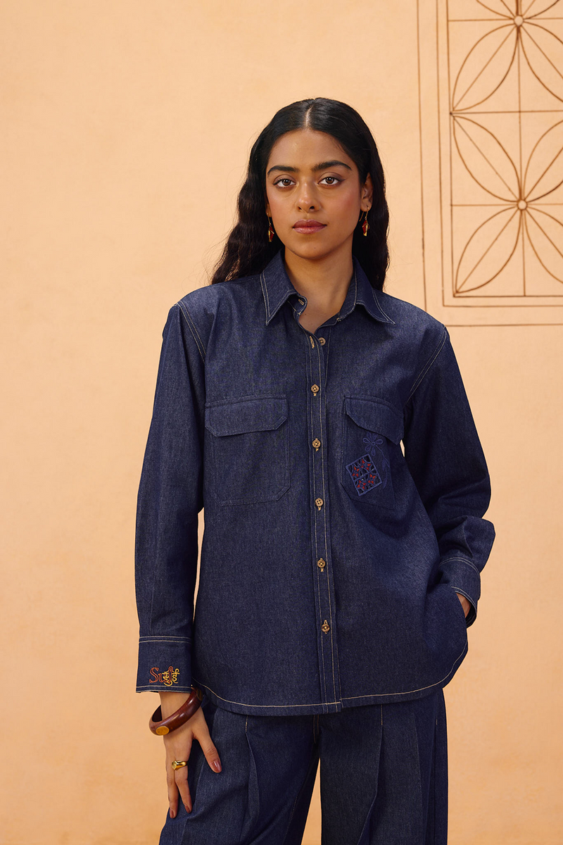 Slow Roots Sustainable Denim Shirt denim top/shirt by SUI in blue for women Worldwide