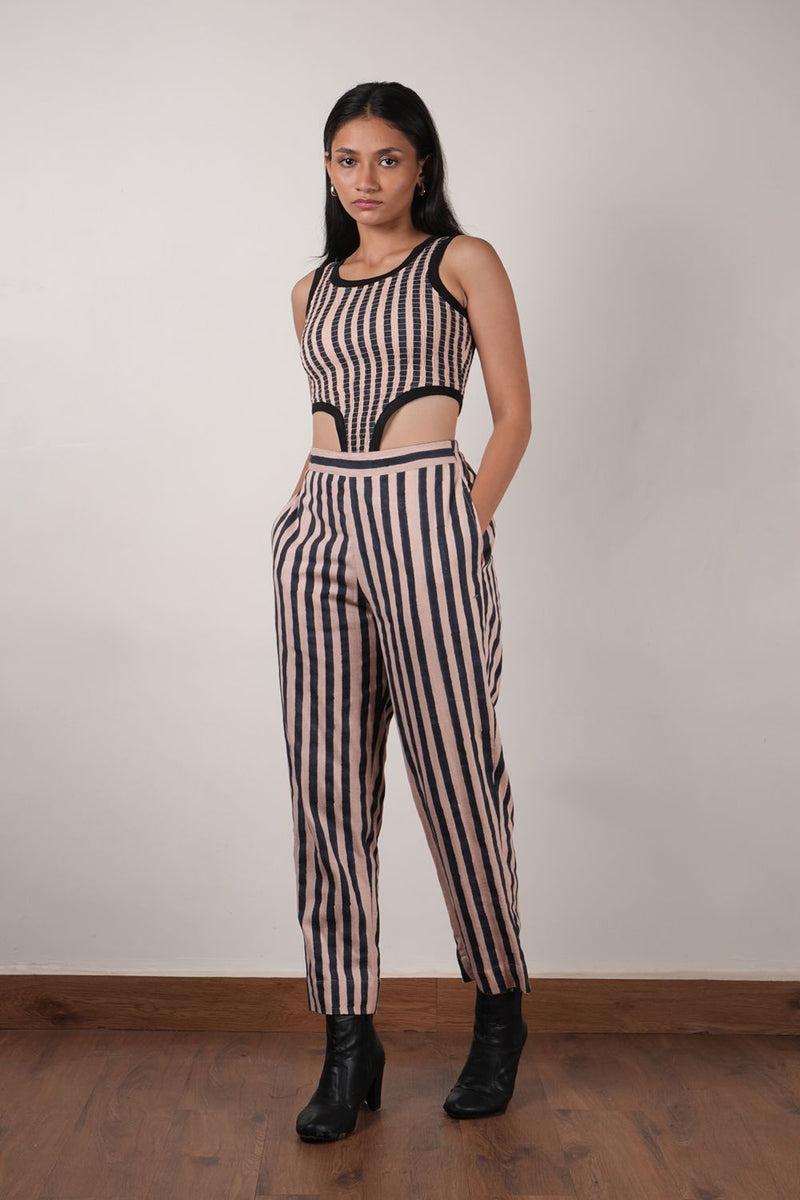 Pink with Charcoal Block Printed Smocked Bodysuit & Pant Set (2 PCS) cotton by Mati in pink color for women Worldwide