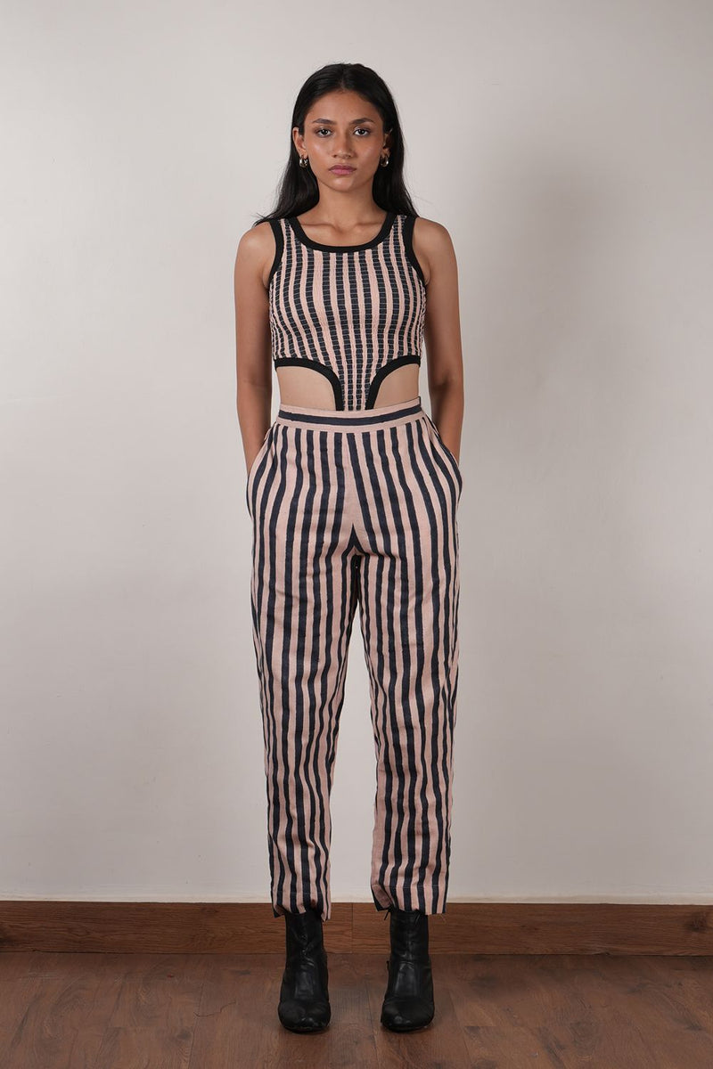 Pink with Charcoal Block Printed Smocked Bodysuit & Pant Set (2 PCS) cotton by Mati in pink color for women Worldwide