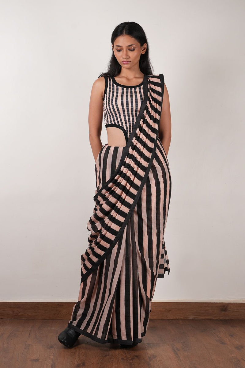 Pink with Charcoal Block Printed Saree cotton by Mati in pink color for women Worldwide