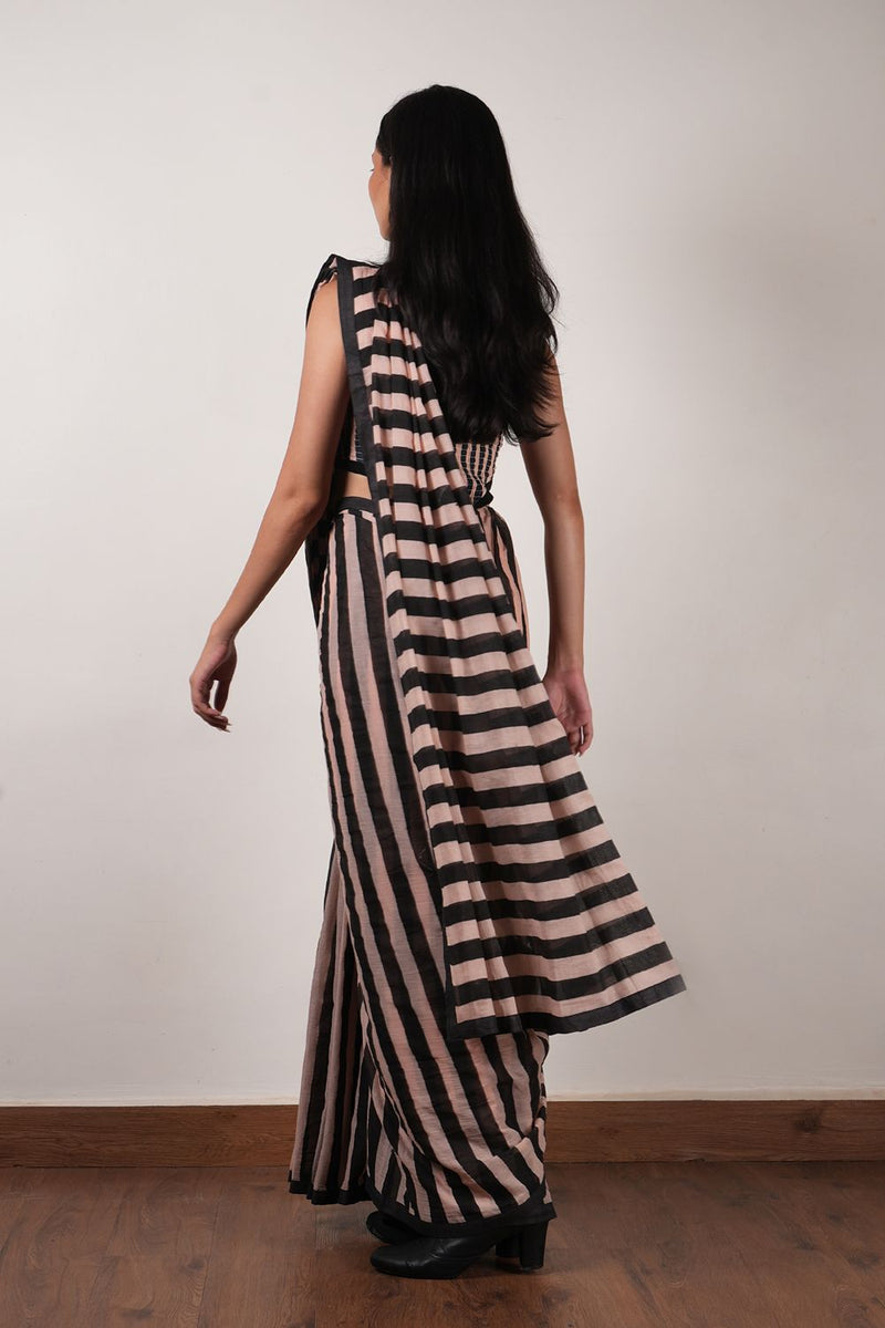 Pink with Charcoal Block Printed Smocked Bodysuit & Saree Set (2 PCS) cotton by Mati in pink color for women Worldwide