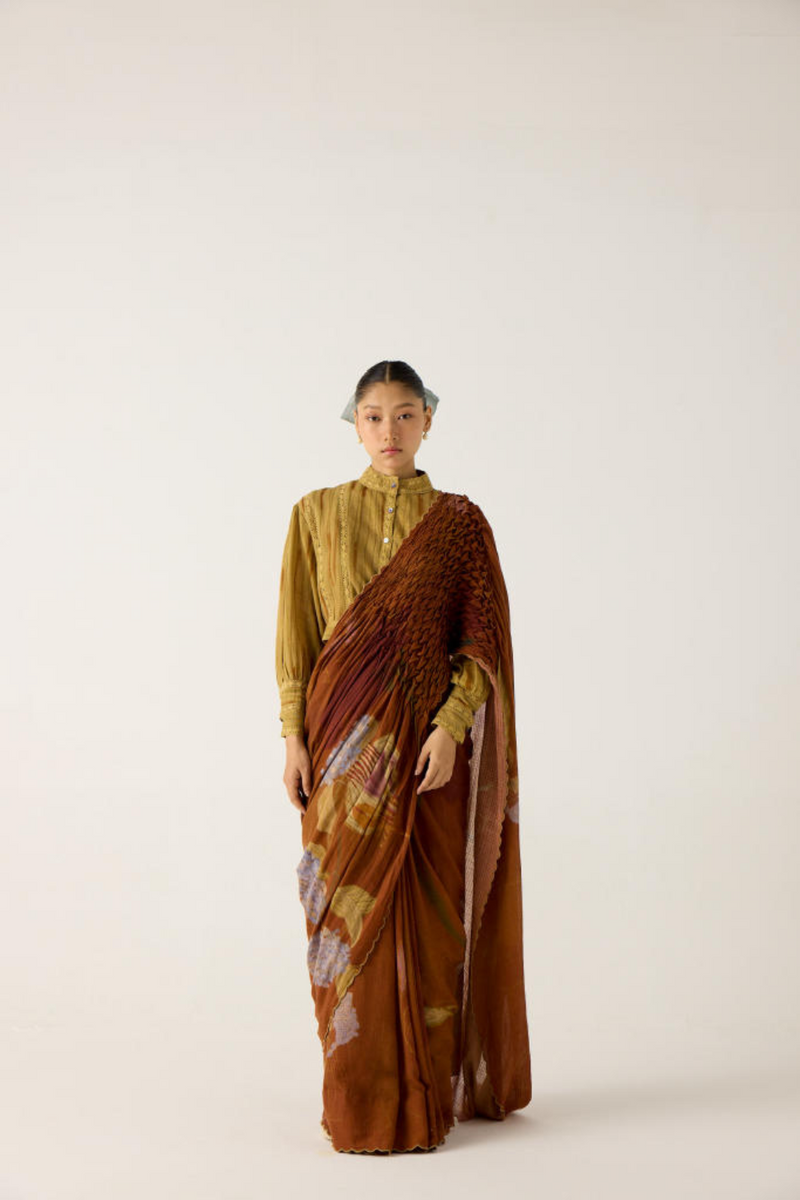 SMOCKED SAREE+TOP-FOLIAGE + SCALE PRINT cotton by CORD in multi for women Worldwide