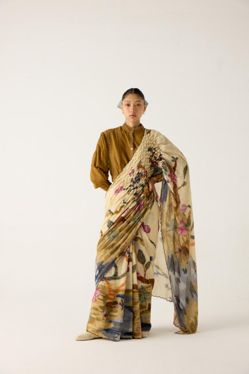 SMOCKED SAREE+TOP-SAFARI + KHAKI cotton by CORD in multi for women Worldwide