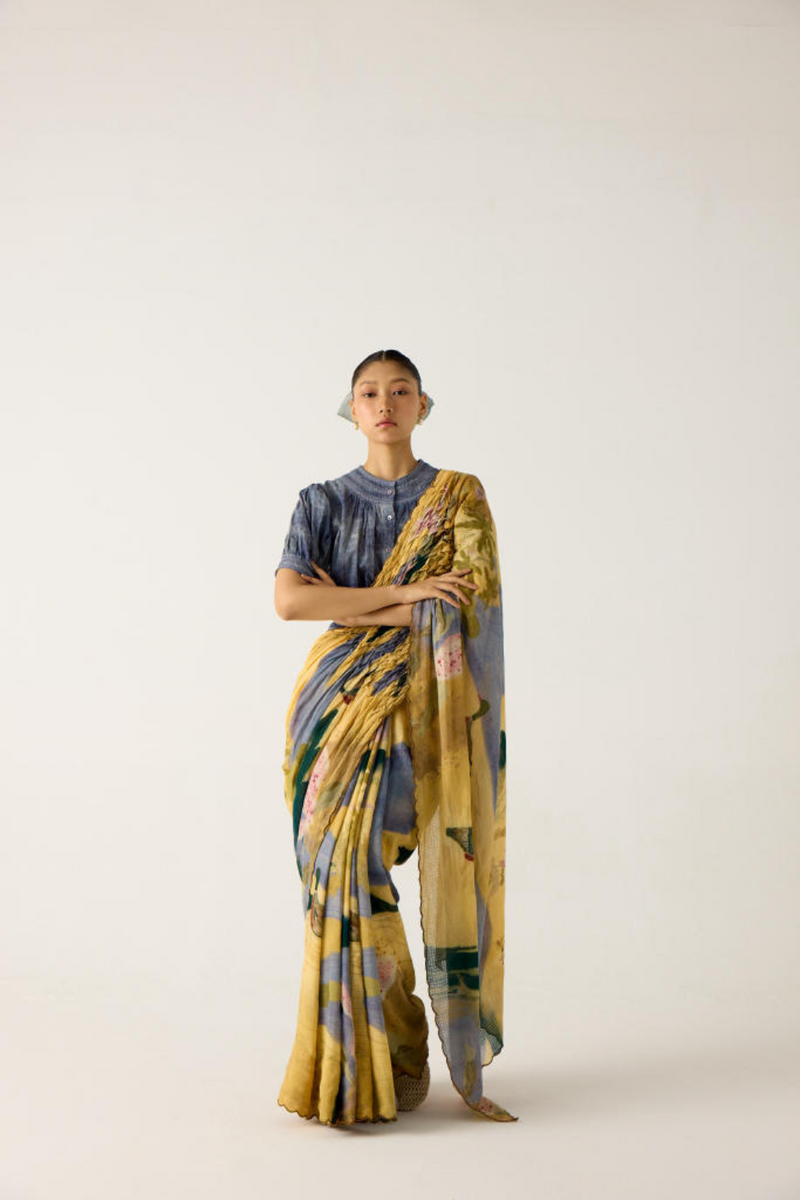 SMOCKED SAREE+TOP-(WALLFLOWER + INDIGO) cotton by CORD in multi for women Worldwide