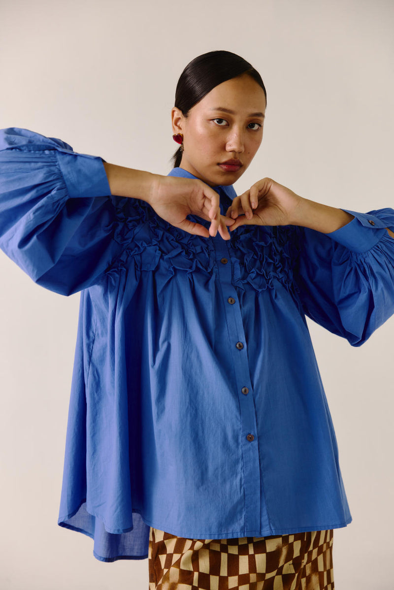 Smocked Shirt-Electric Blue cotton by CORD for women Worldwide