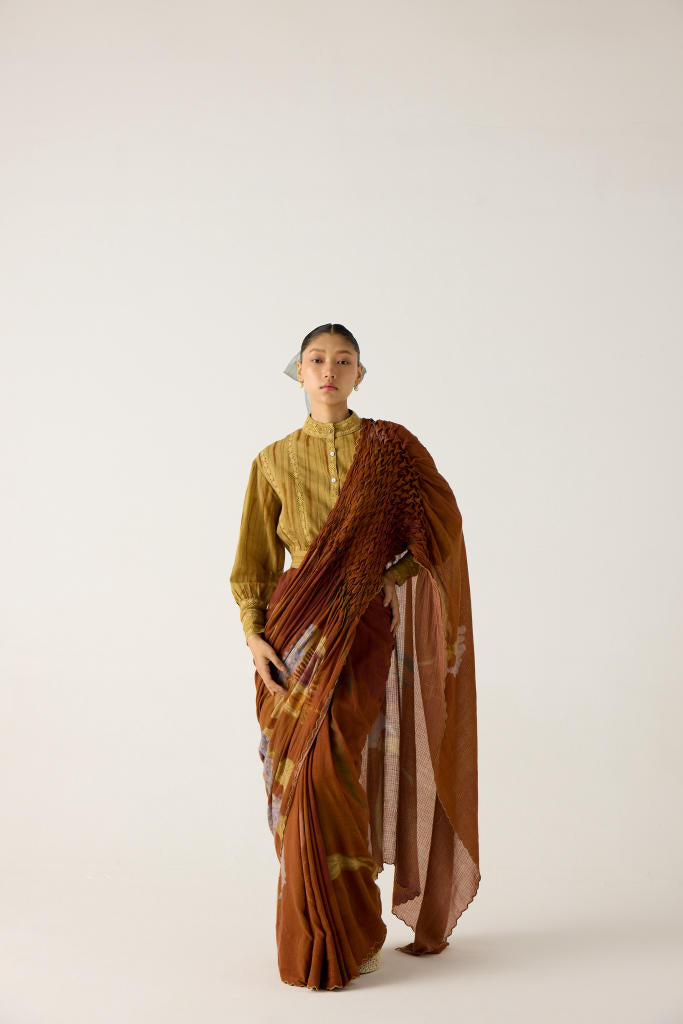 SMOCKED SAREE-FOLIAGE cotton by CORD in multi for women Worldwide