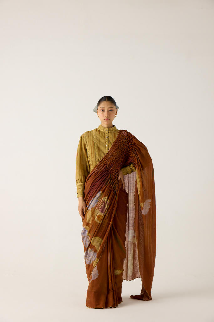 SMOCKED SAREE-FOLIAGE cotton by CORD in multi for women Worldwide