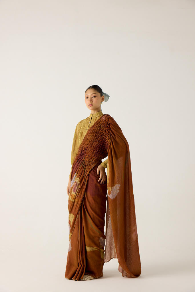 SMOCKED SAREE-FOLIAGE cotton by CORD in multi for women Worldwide