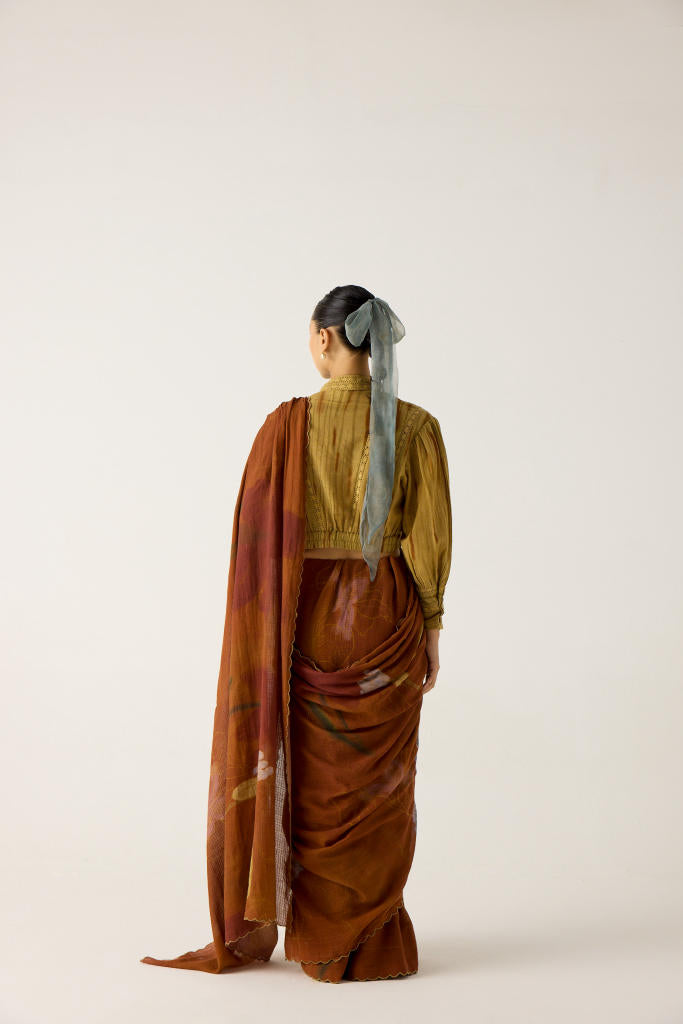 SMOCKED SAREE-FOLIAGE cotton by CORD in multi for women Worldwide