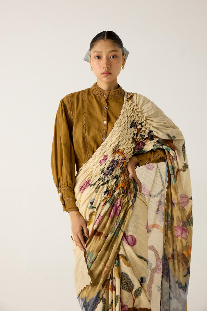 SMOCKED SAREE-SAFARI cotton by CORD in multi for women Worldwide