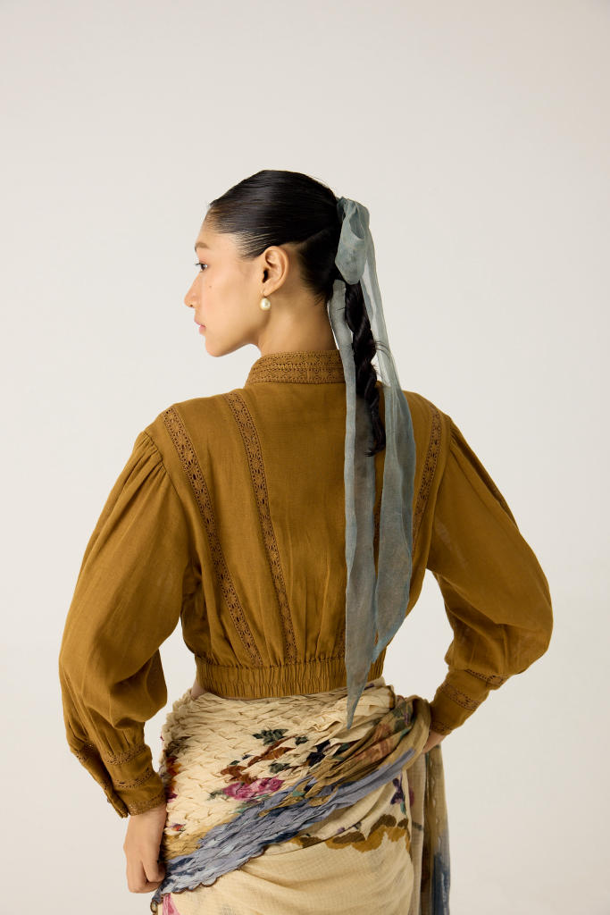 SMOCKED SAREE+TOP-SAFARI + KHAKI cotton by CORD in multi for women Worldwide
