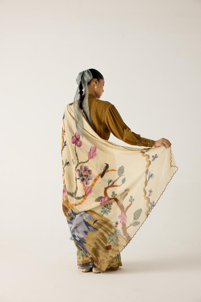 SMOCKED SAREE+TOP-SAFARI + KHAKI cotton by CORD in multi for women Worldwide