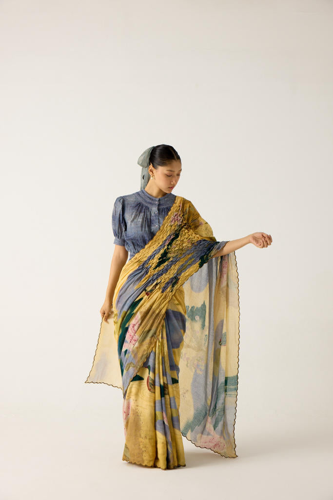 SMOCKED SAREE+TOP-(WALLFLOWER + INDIGO) cotton by CORD in multi for women Worldwide