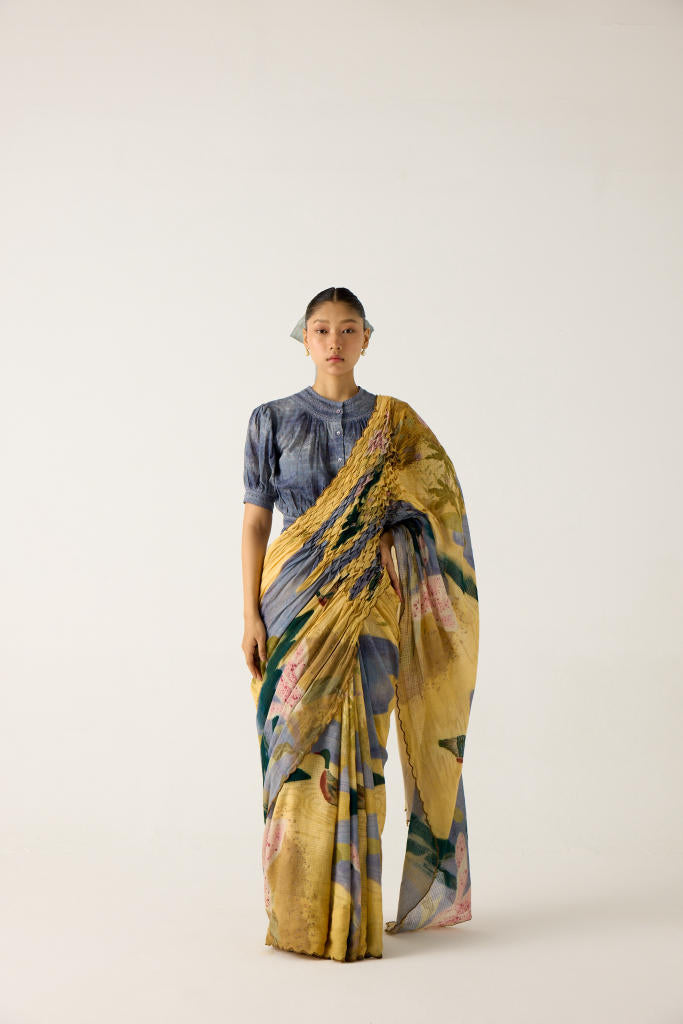 SMOCKED SAREE+TOP-(WALLFLOWER + INDIGO)