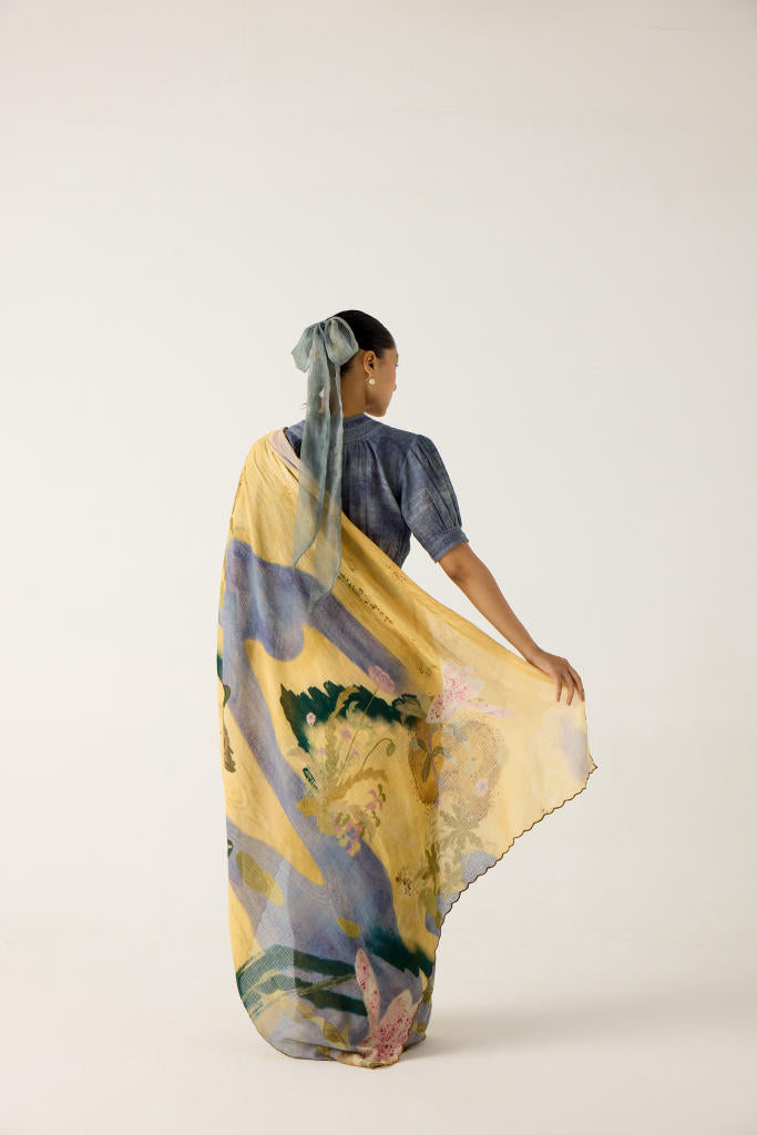 SMOCKED SAREE+TOP-(WALLFLOWER + INDIGO) cotton by CORD in multi for women Worldwide
