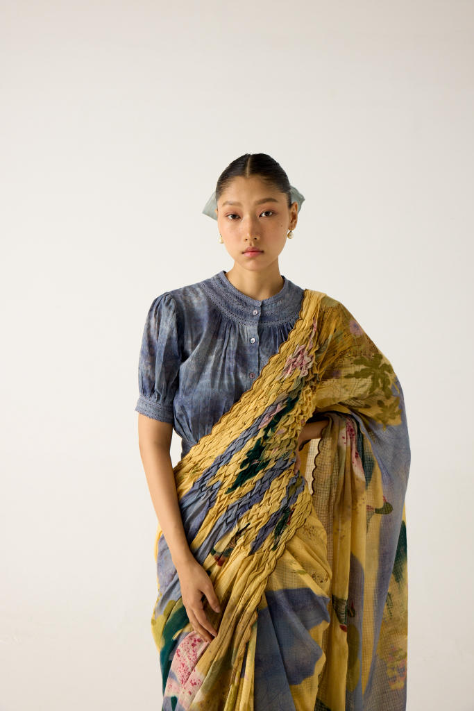 SMOCKED SAREE+TOP-(WALLFLOWER + INDIGO) cotton by CORD in multi for women Worldwide