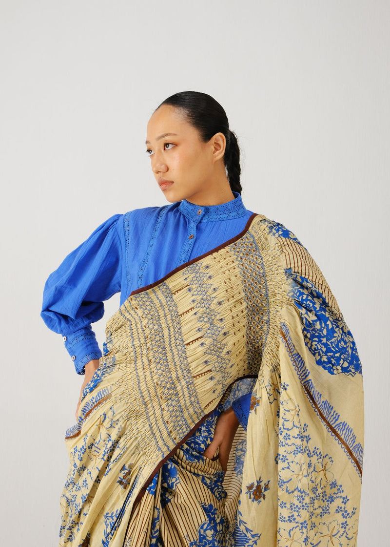 Smocked saree set-Bluebell satin by CORD for women Worldwide