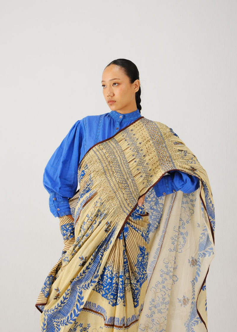 Smocked saree set-Bluebell satin by CORD for women Worldwide