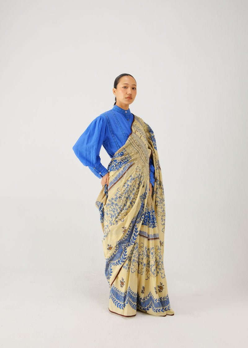 Smocked saree set-Bluebell satin by CORD for women Worldwide