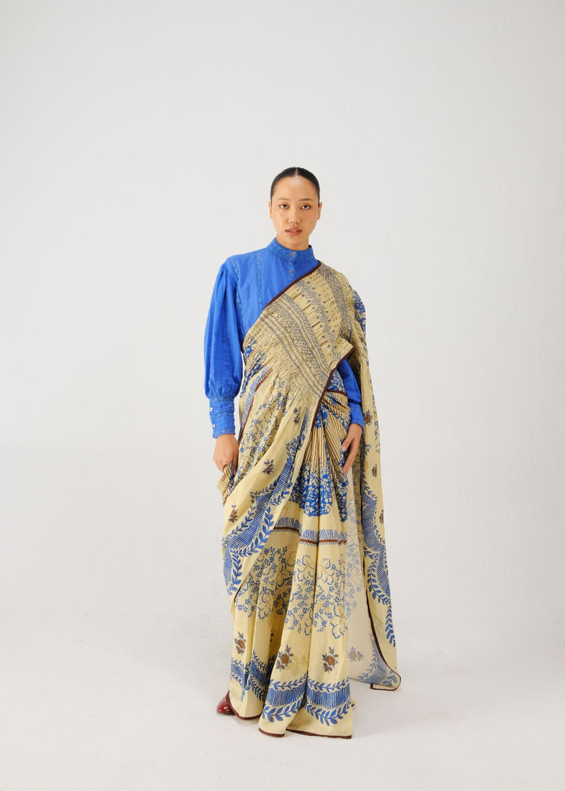 Smocked saree set-Bluebell satin by CORD for women Worldwide