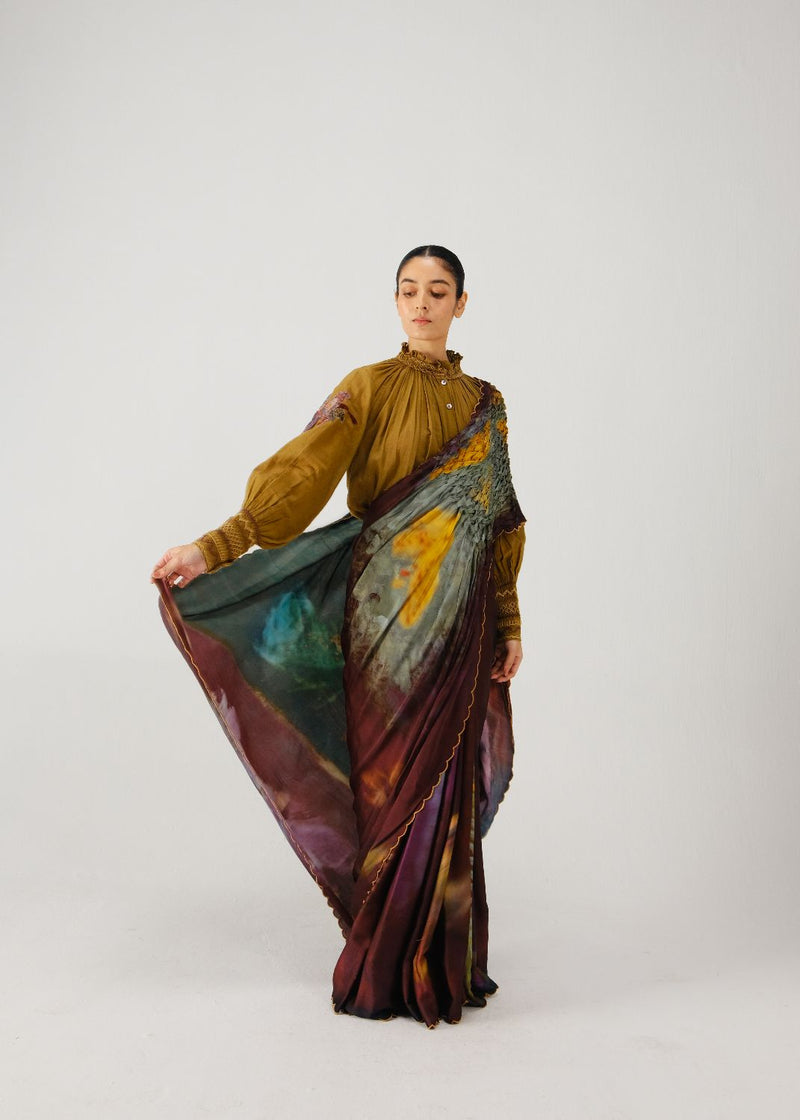 Smocked saree-X-ray satin by CORD for women Worldwide