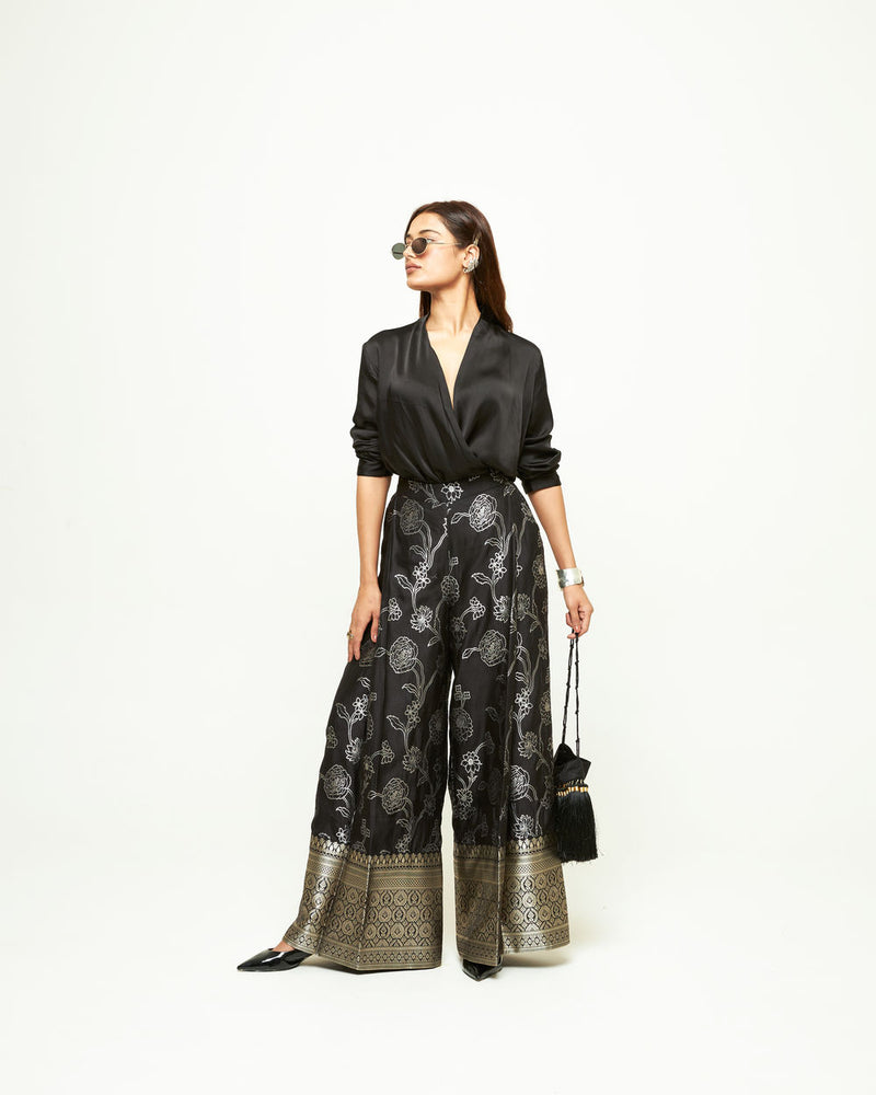 Rosa Brocade Pant Set-Black silk and modal satin indo-western by SOBARIKO in black for women Worldwide