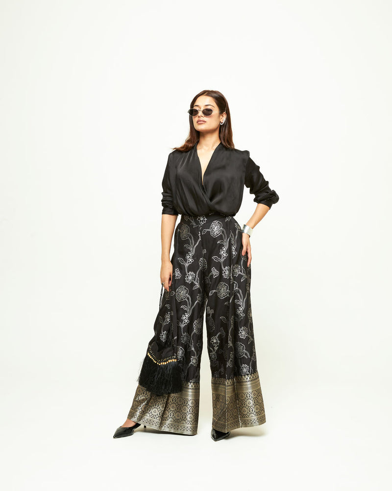 Rosa Brocade Pant Set-Black silk and modal satin indo-western by SOBARIKO in black for women Worldwide