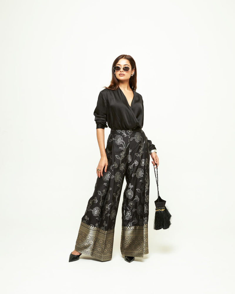 Rosa Brocade Pant Set-Black silk and modal satin indo-western by SOBARIKO in black for women Worldwide