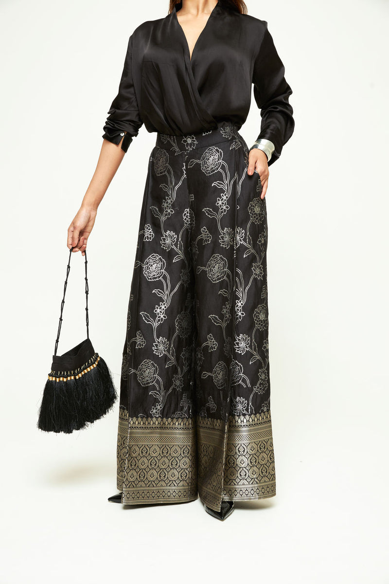 Rosa Brocade Pant Set-Black silk and modal satin indo-western by SOBARIKO in black for women Worldwide