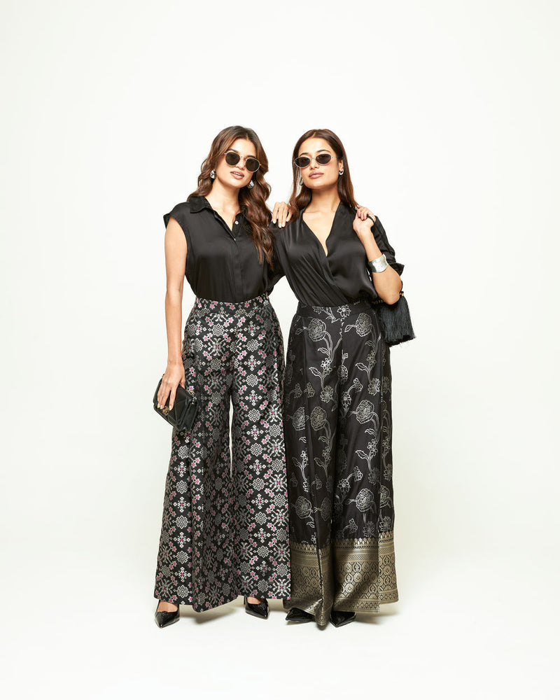 Meena Brocade Pant Set-Black silk and modal satin indo-western by SOBARIKO in black for women Worldwide