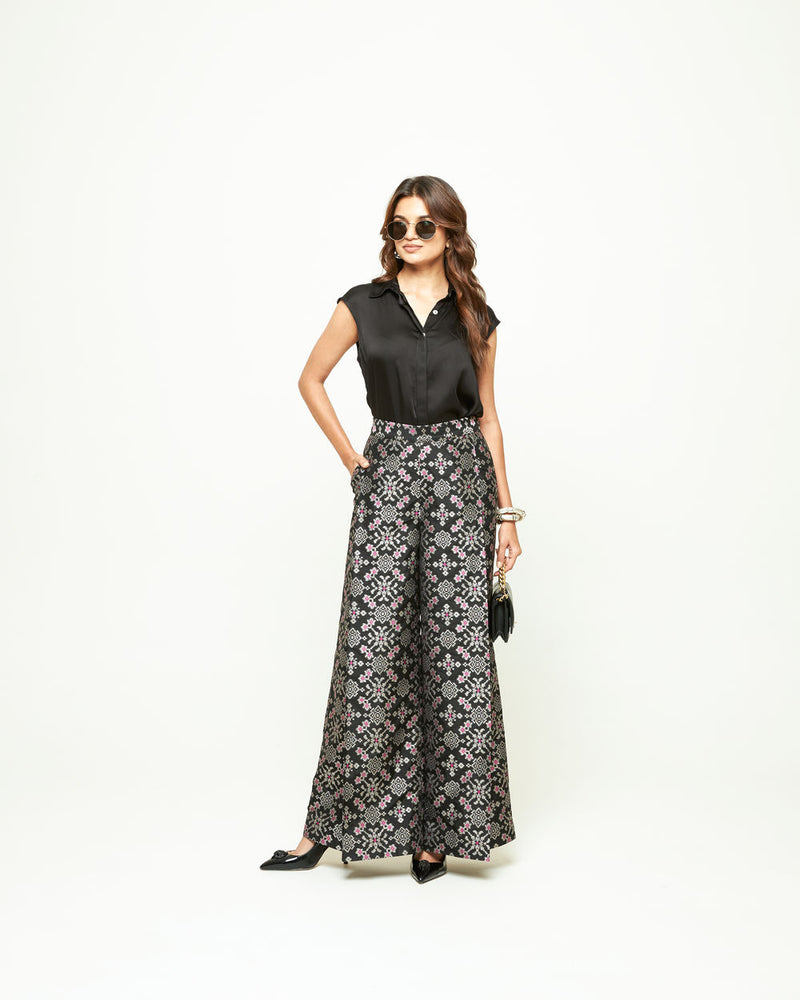 Meena Brocade Pant Set-Black silk and modal satin indo-western by SOBARIKO in black for women Worldwide