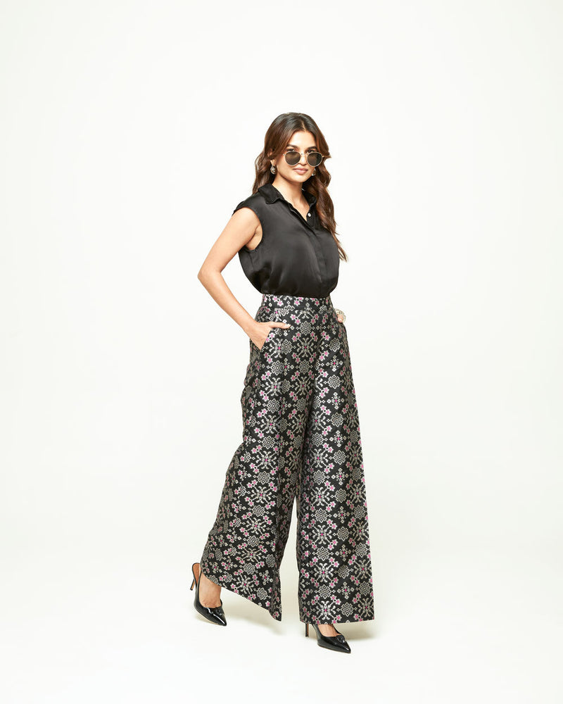 Meena Brocade Pant Set-Black silk and modal satin indo-western by SOBARIKO in black for women Worldwide