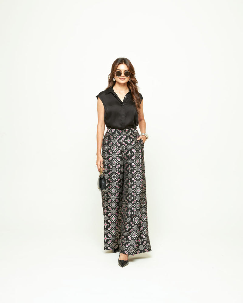 Meena Brocade Pant Set-Black silk and modal satin indo-western by SOBARIKO in black for women Worldwide