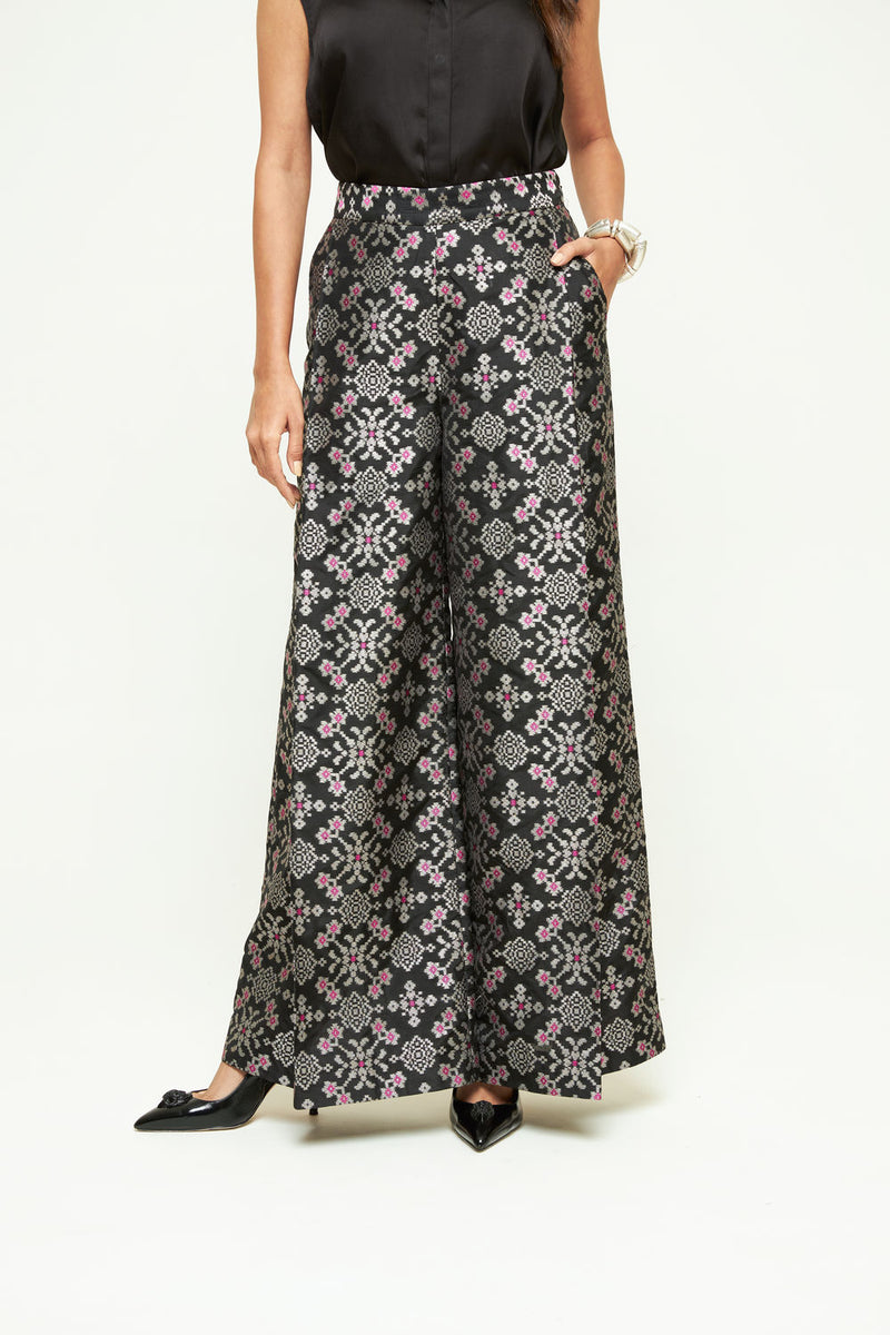 Meena Brocade Pant Set-Black silk and modal satin indo-western by SOBARIKO in black for women Worldwide
