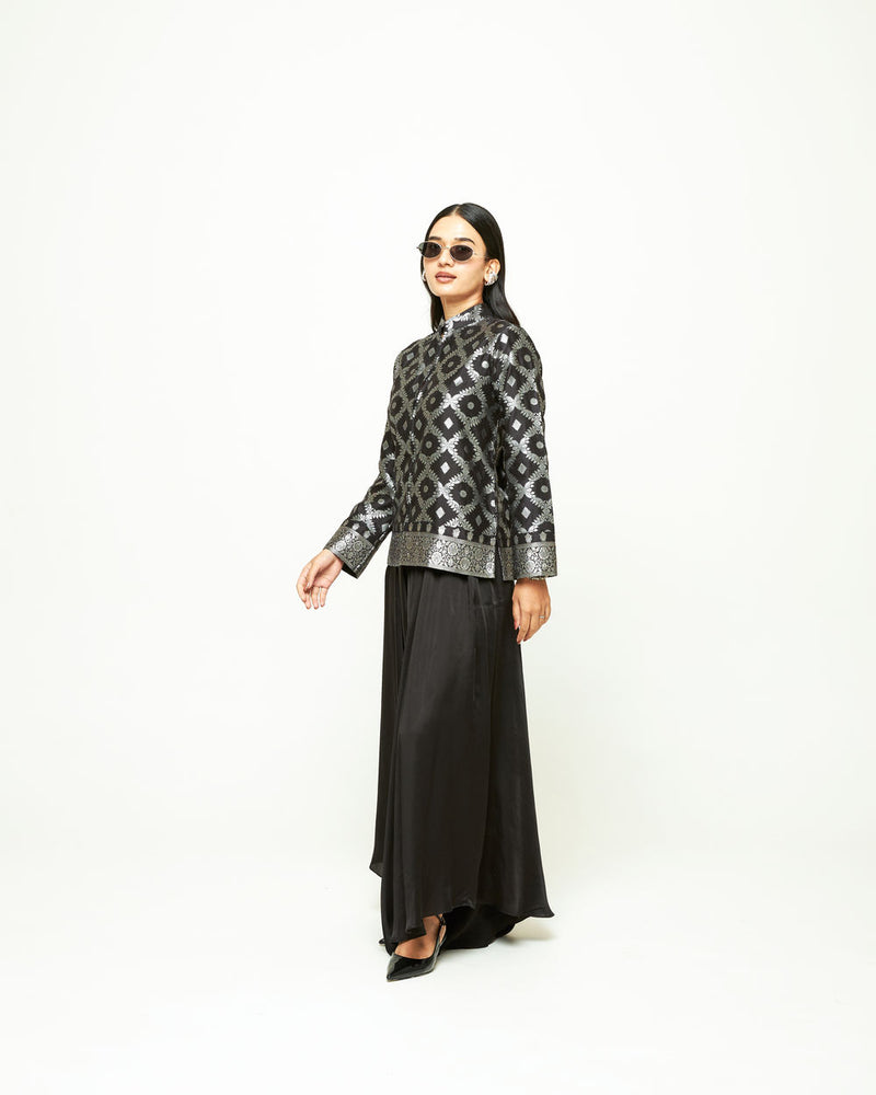 Suki-Geometric Brocade Jacket Set-Black silk, modal satin indo-western by SOBARIKO in black for women Worldwide