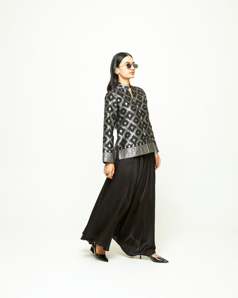 Suki-Geometric Brocade Jacket Set-Black silk, modal satin indo-western by SOBARIKO in black for women Worldwide