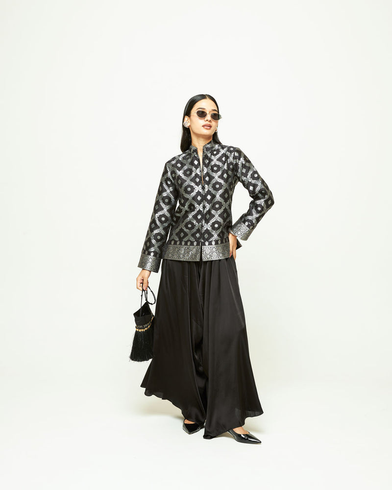 Suki-Geometric Brocade Jacket Set-Black silk, modal satin indo-western by SOBARIKO in black for women Worldwide