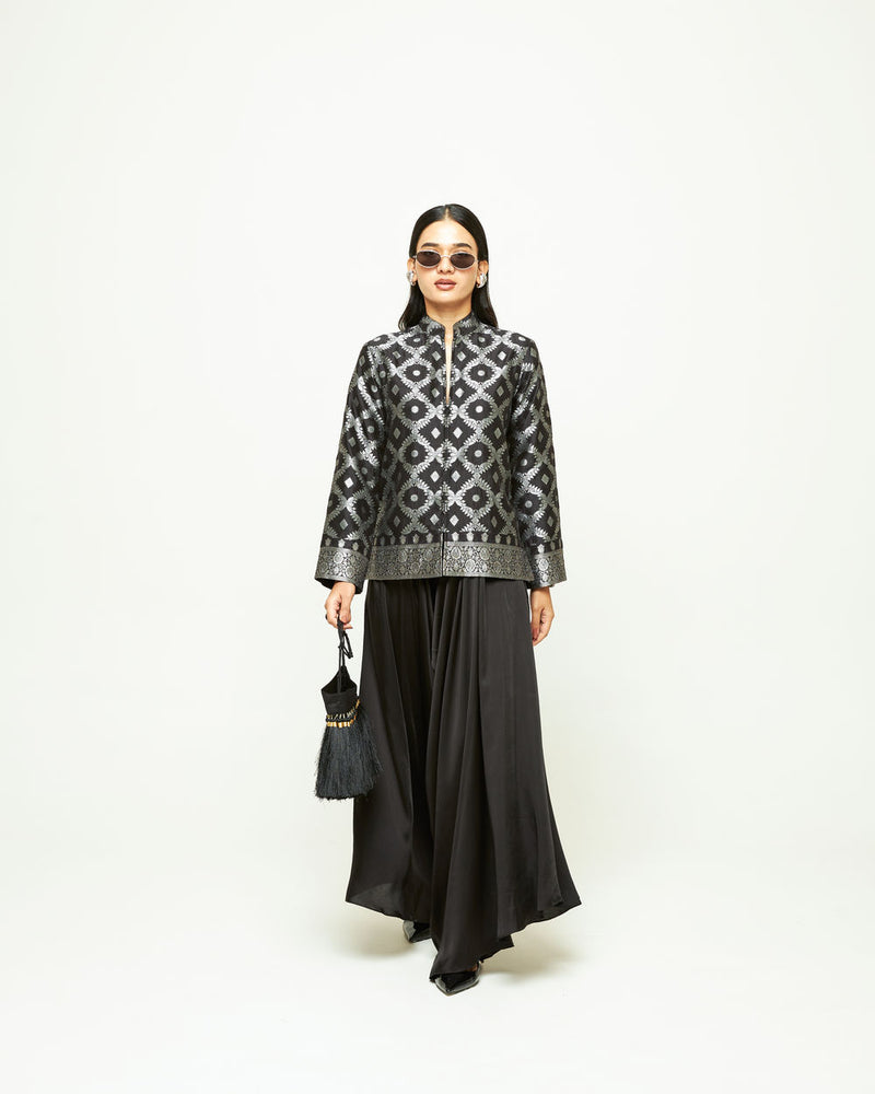 Suki-Geometric Brocade Jacket Set-Black silk, modal satin indo-western by SOBARIKO in black for women Worldwide